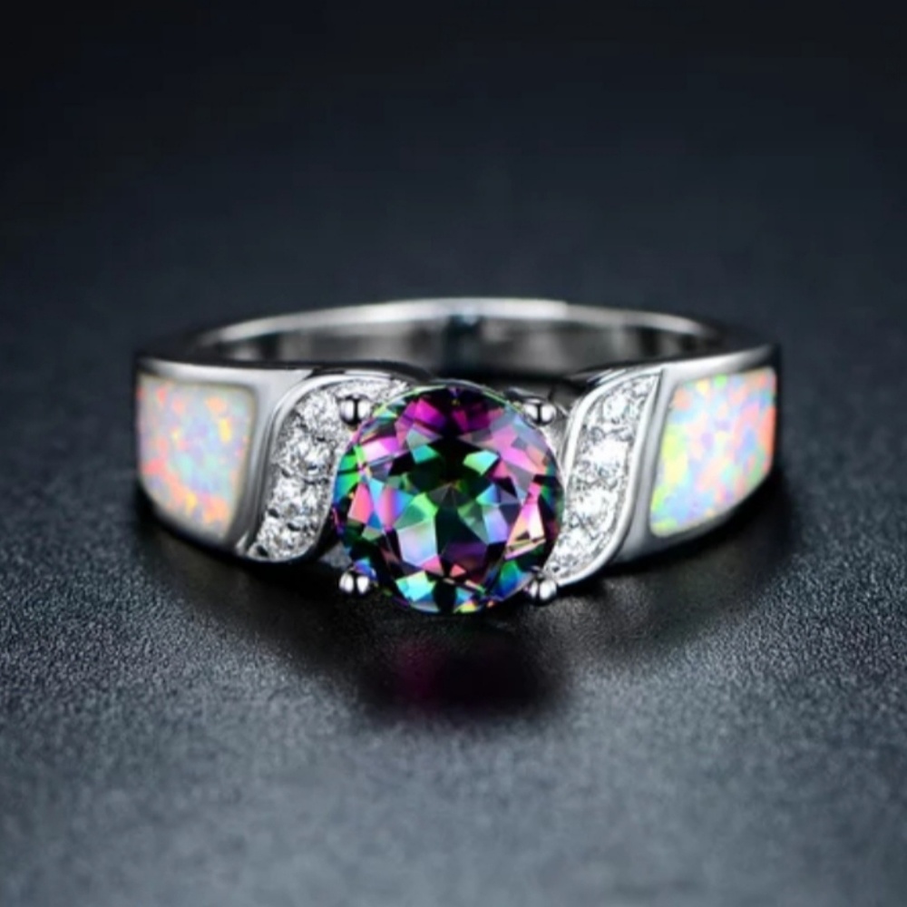 White Gold Plated Genuine Topaz & White Fire Opal